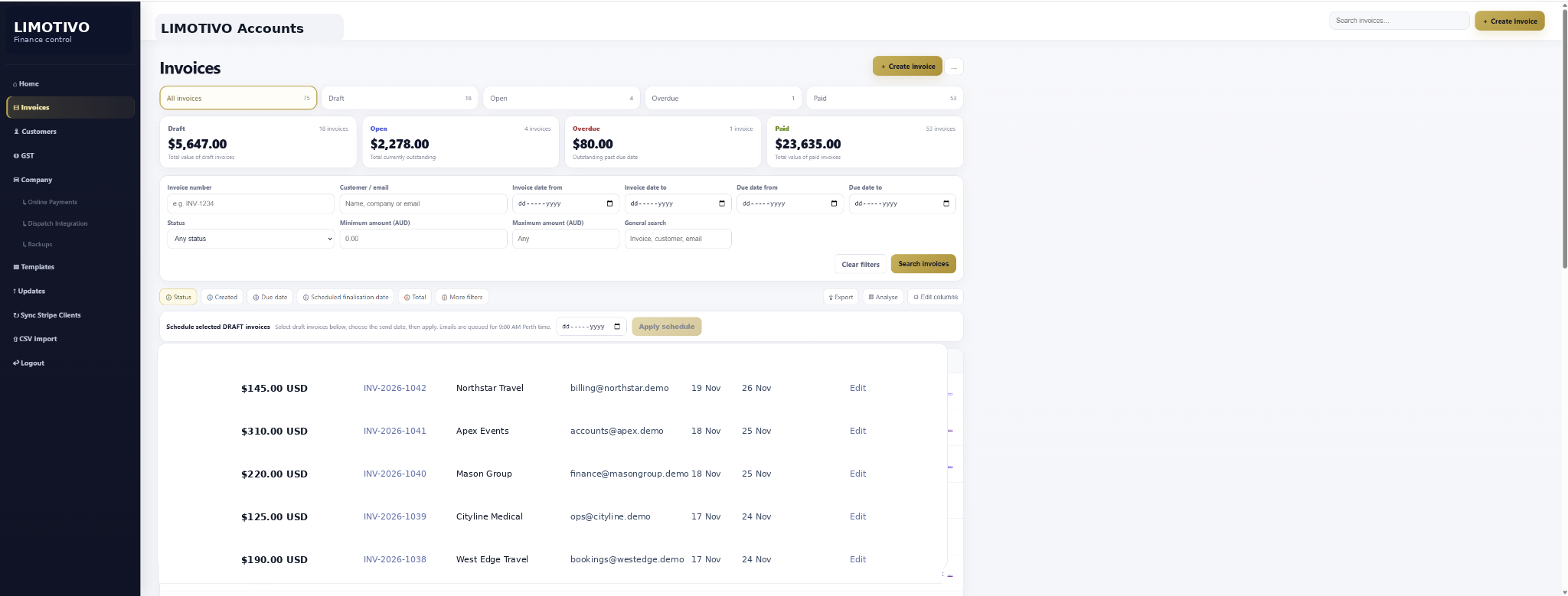 LIMOTIVO Invoicing & payments product screen