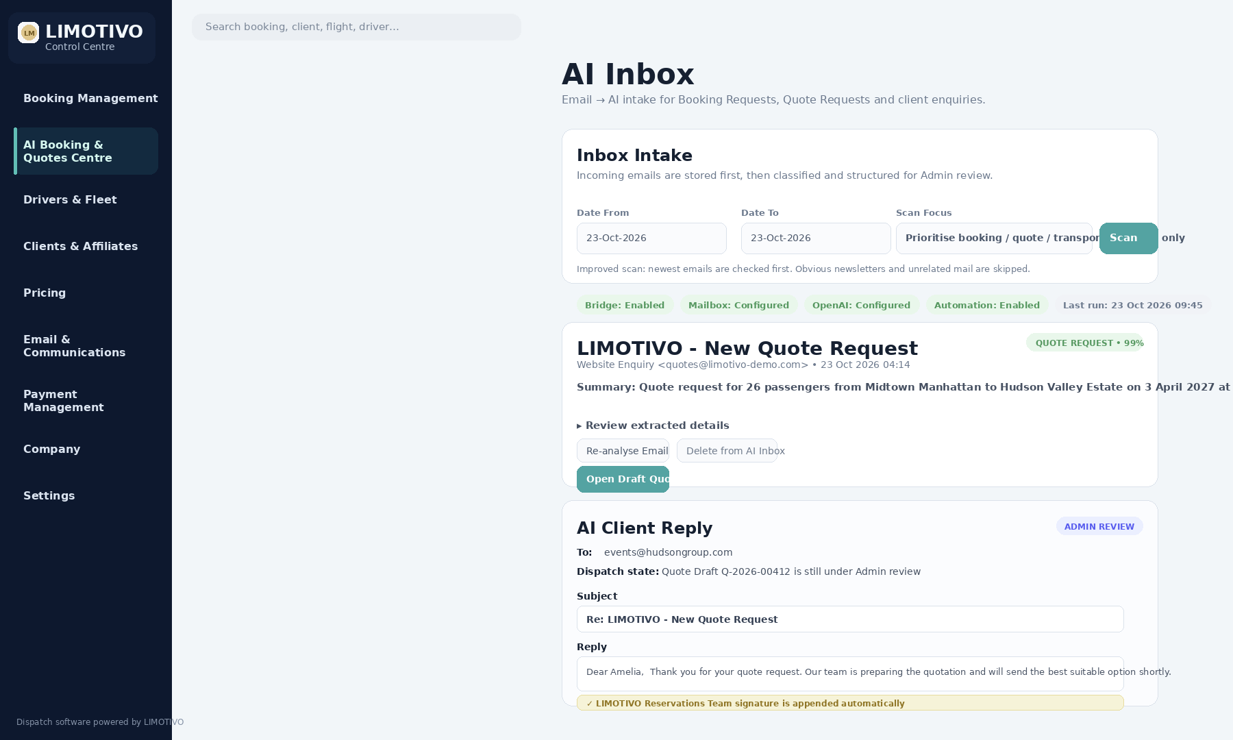 LIMOTIVO AI Assistant product screen