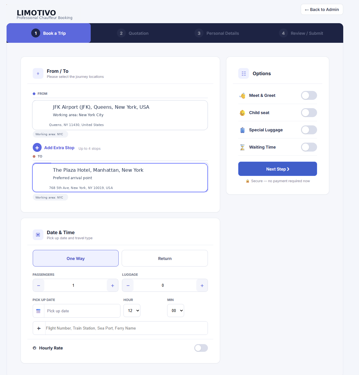 Trip details stage from the booking software