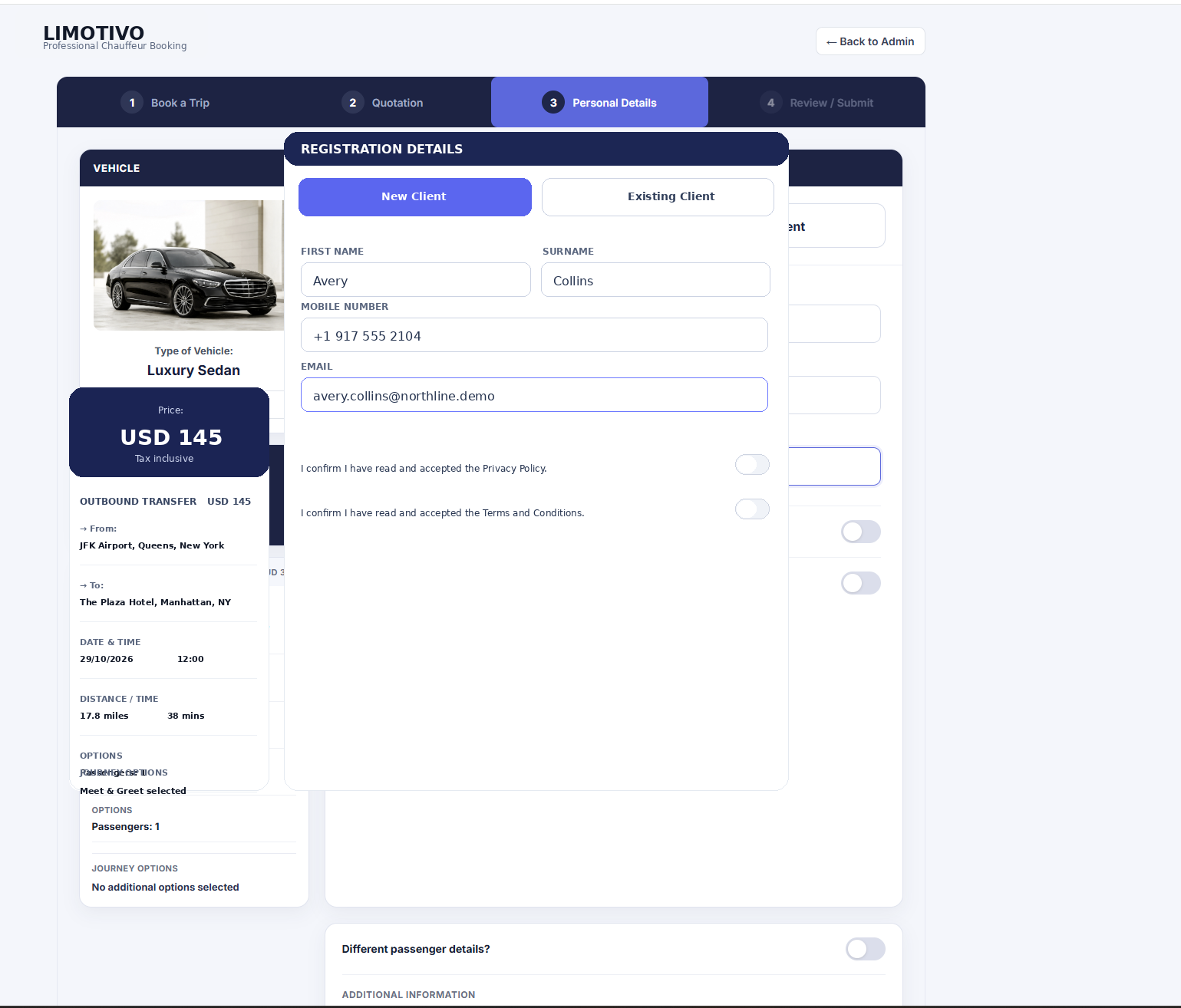 Client details stage from the booking software