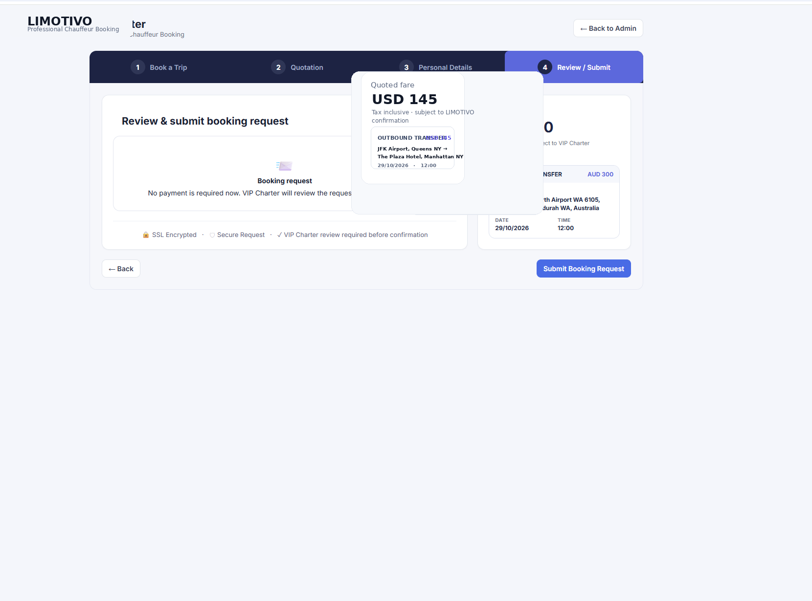 Review & submit stage from the booking software